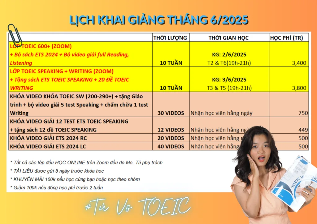 LỊCH KHAI GIẢNG Tháng 6/2025 Tú VÕ TOEIC