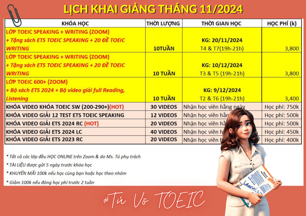 Lịch Khai Giảng Tháng 11 Tú Võ TOEIC