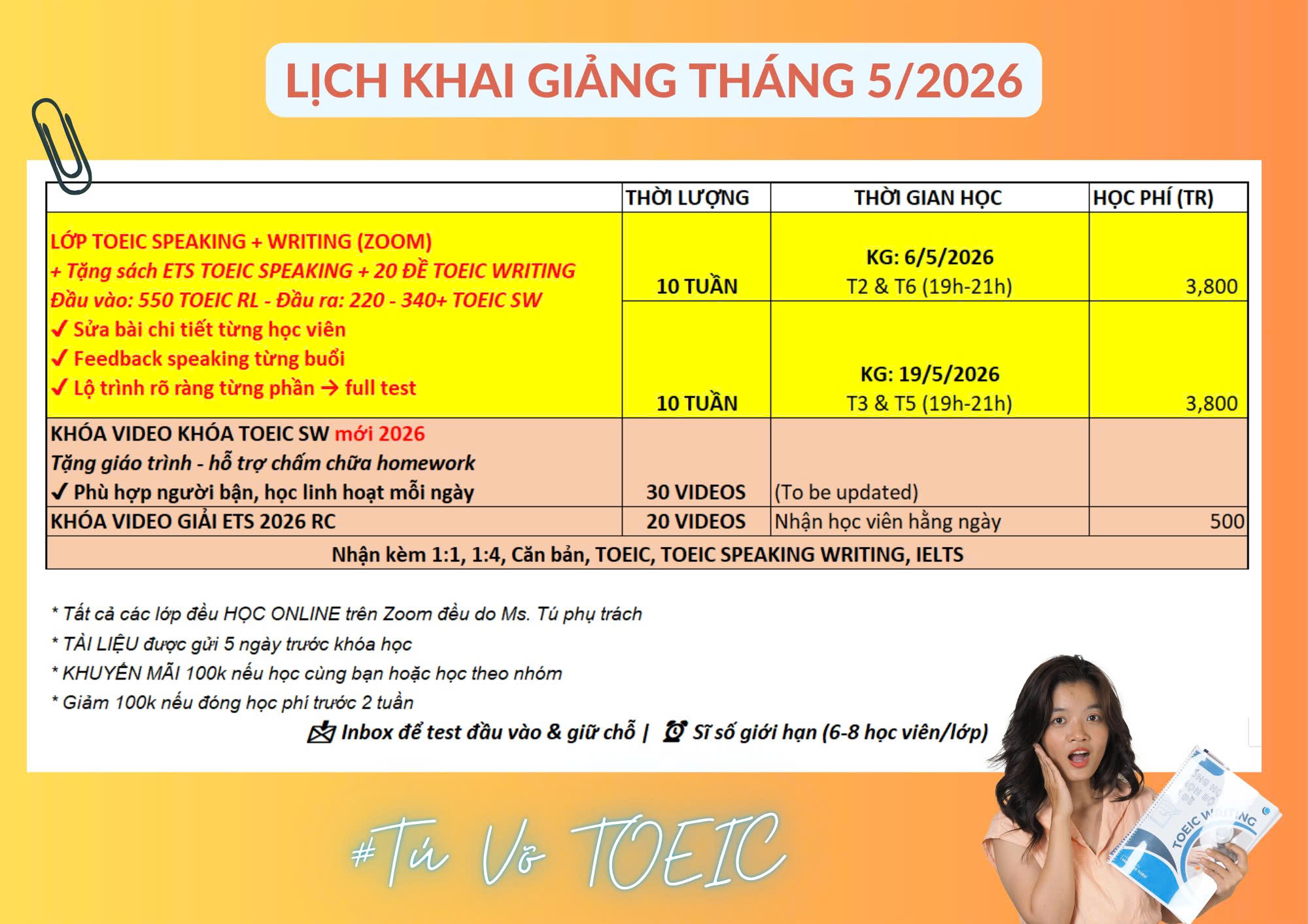 Lịch khai giảng tháng 5 2026 Tuvotoeic