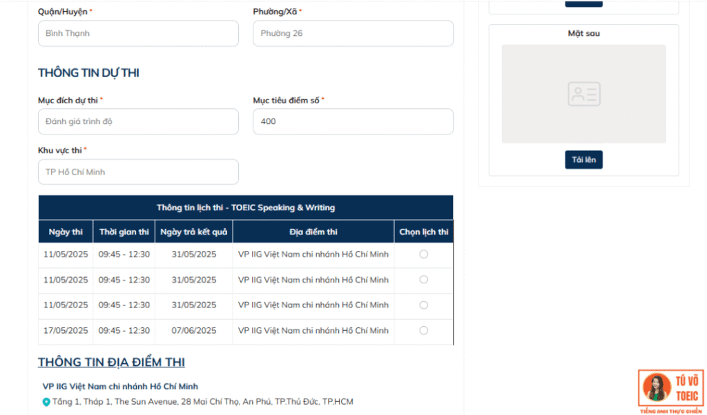 Đăng ký thi TOEIC online Bước 4 lựa chọn ngày thi