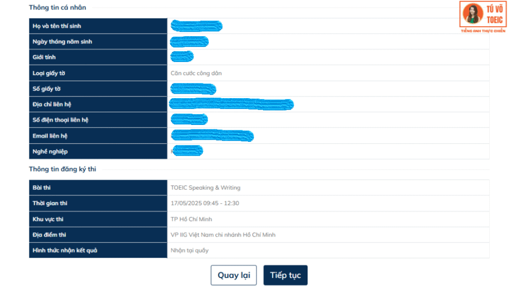 Đăng ký thi TOEIC online Bước 5 kiểm tra lại thông tin