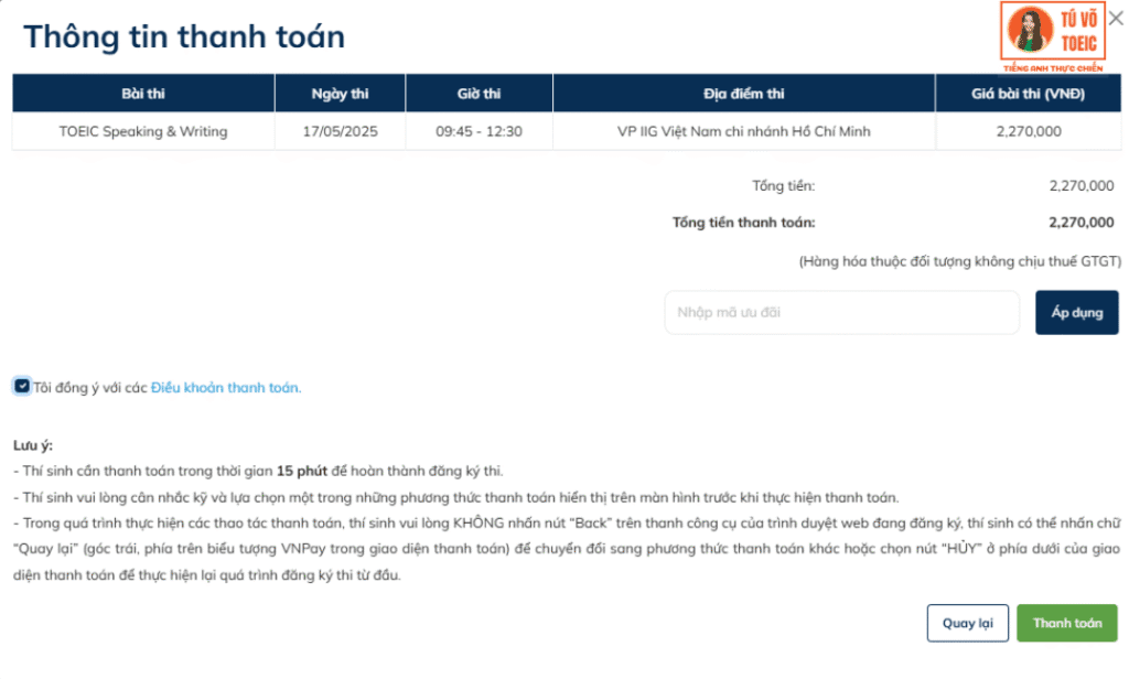 Đăng ký thi TOEIC online Bước 6 thanh toán