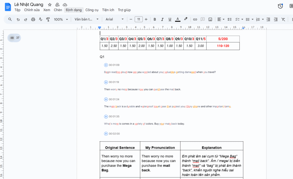 Chữa full bài speaking lớp 1 kèm 1