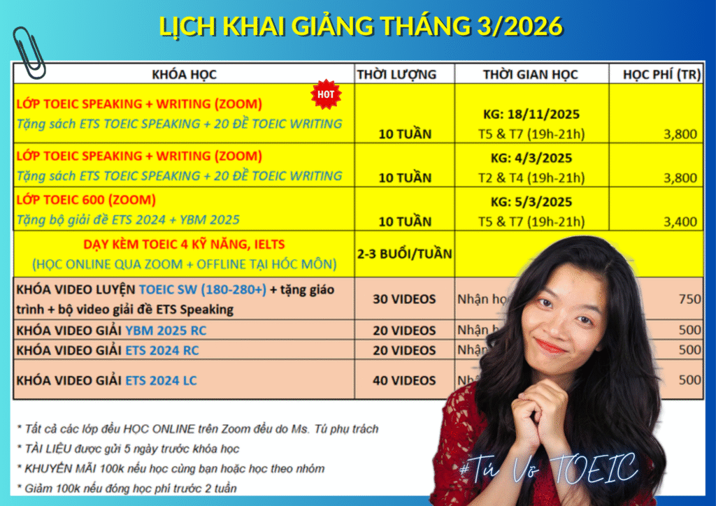 LỊCH KHAI GIẢNG Tháng 3 2026 tại TÚ VÕ TOEIC