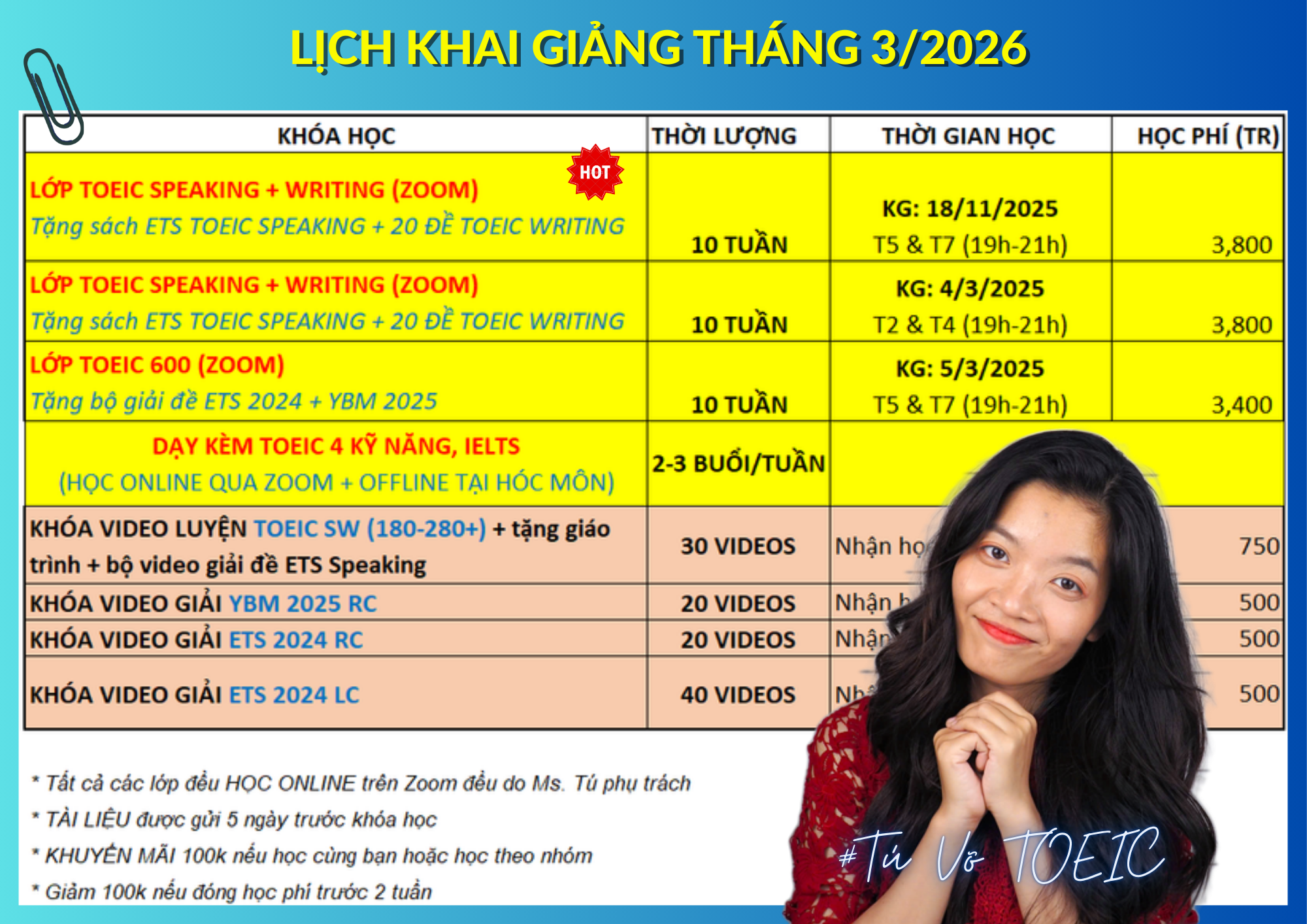 LỊCH KHAI GIẢNG Tháng 3 2026 tại TÚ VÕ TOEIC