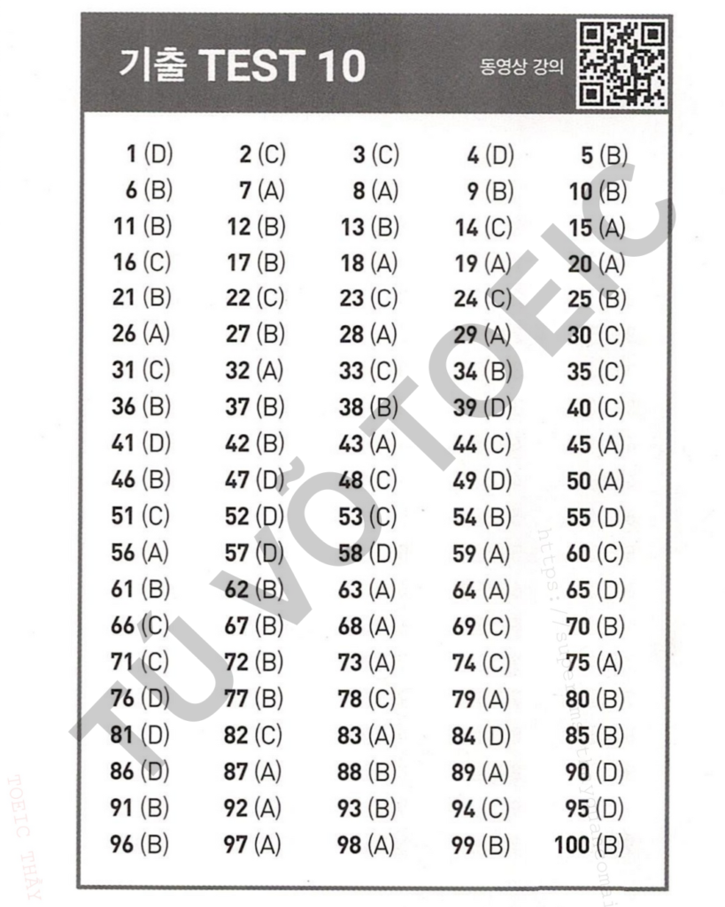 Đáp án ETS 2026 TOEIC Listening Test 10