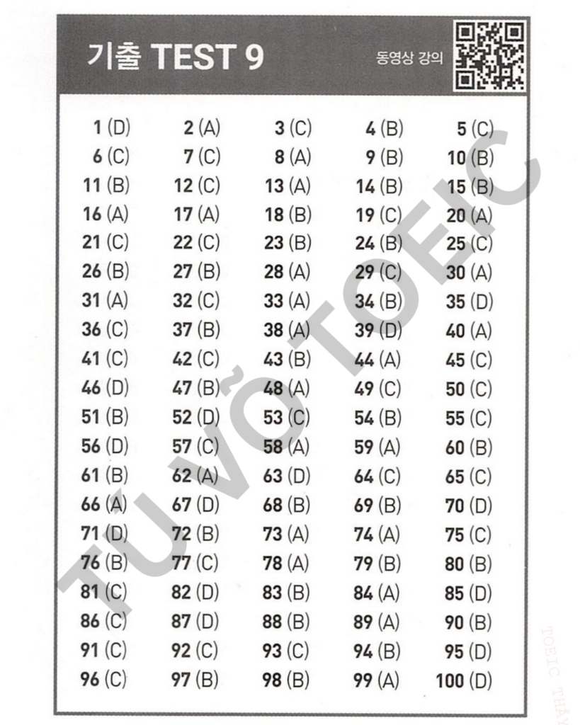 Đáp án ETS 2026 TOEIC Listening Test 9