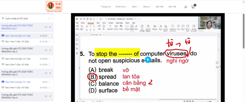 Giao diện khóa học qua video tại Tú Võ TOEIC